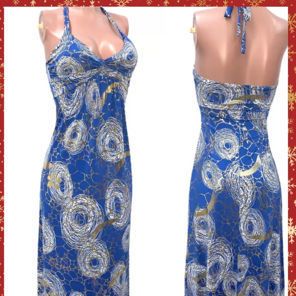 Sexy Blue Gold Padded Halter Twist Maxi Long Moon Goddess cleavage dress m
